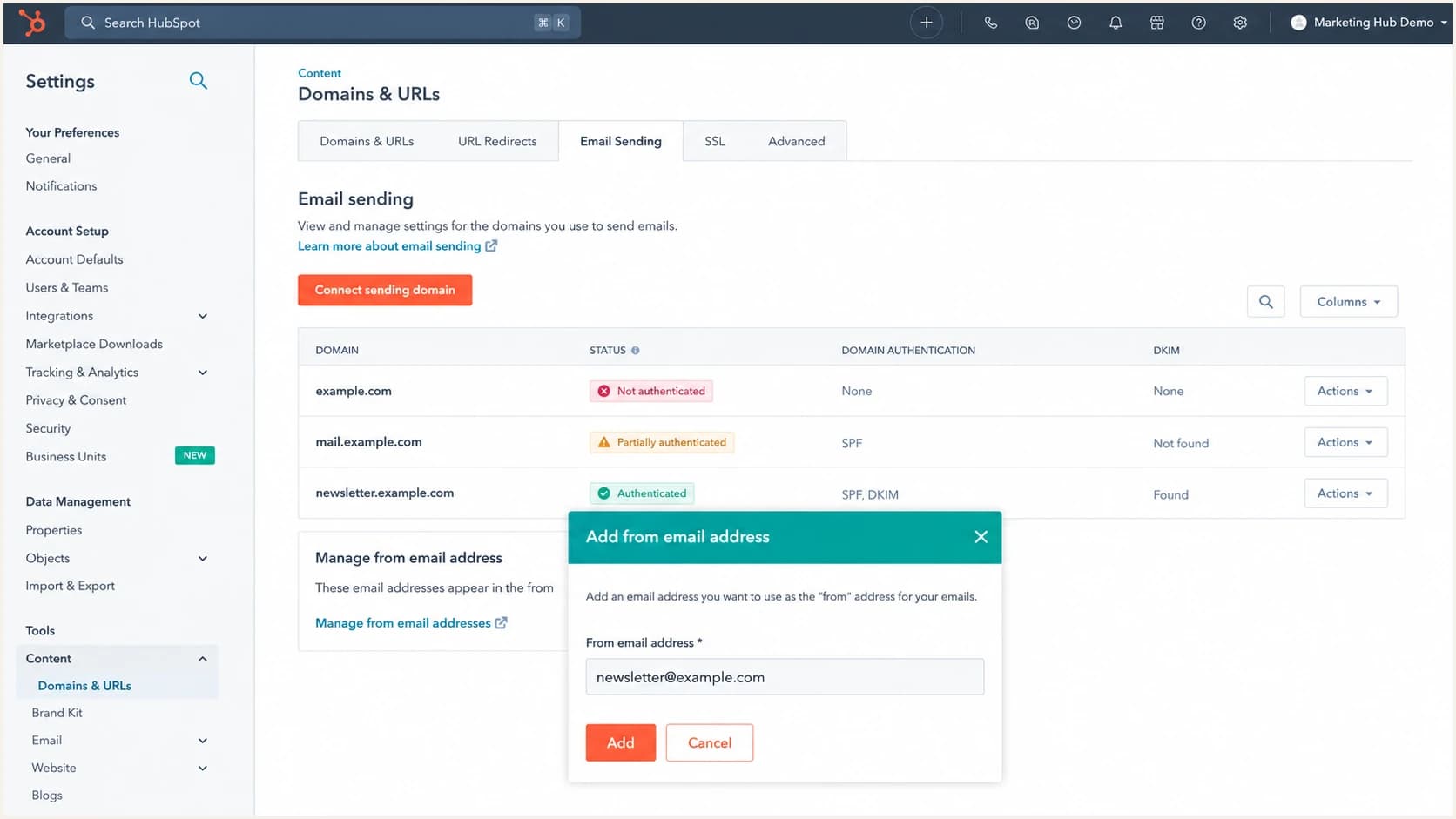 HubSpot Email Sending tab with the Connect sending domain flow open.