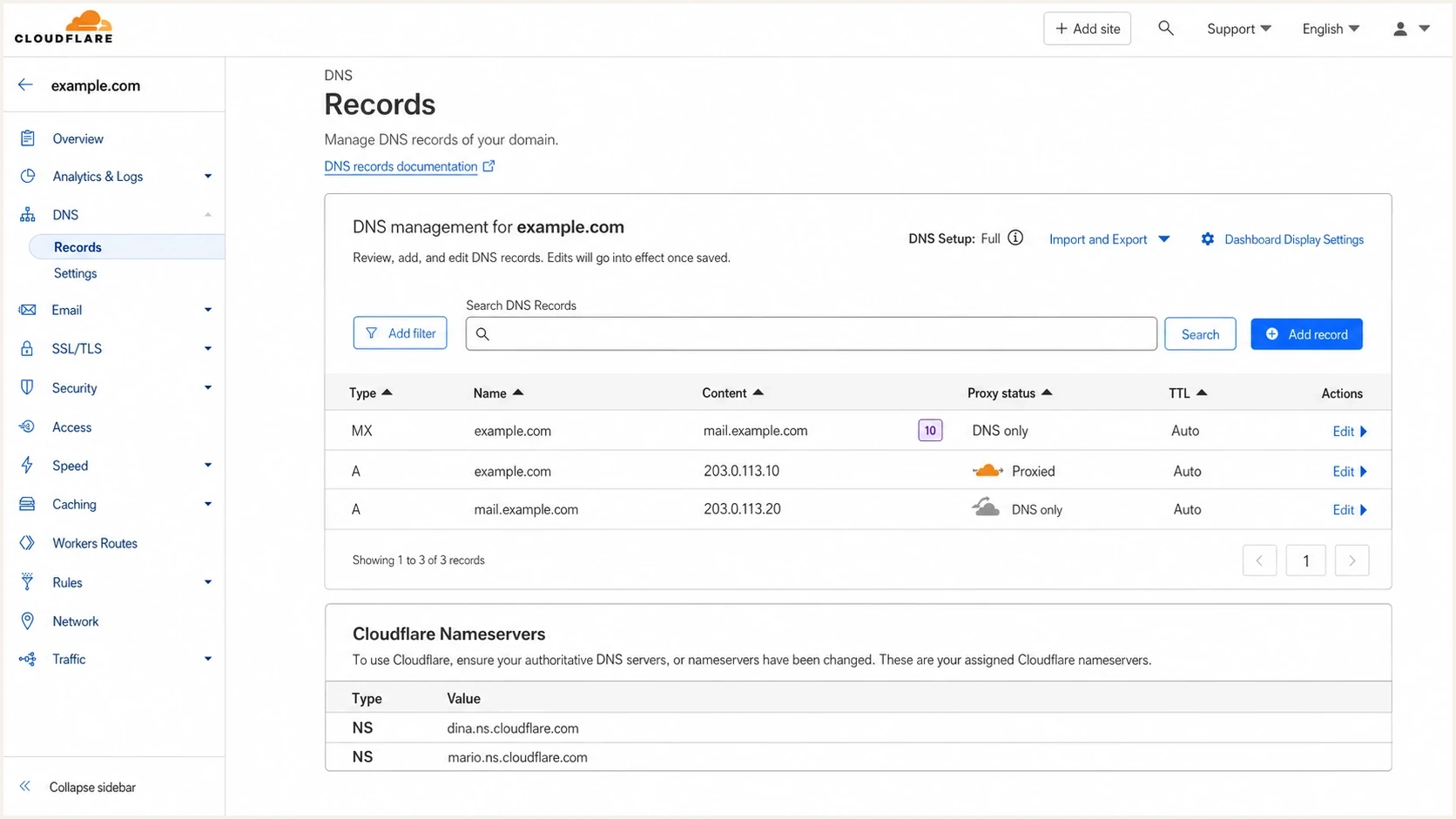 Cloudflare DNS Records page showing MX and DNS-only mail hostname settings.