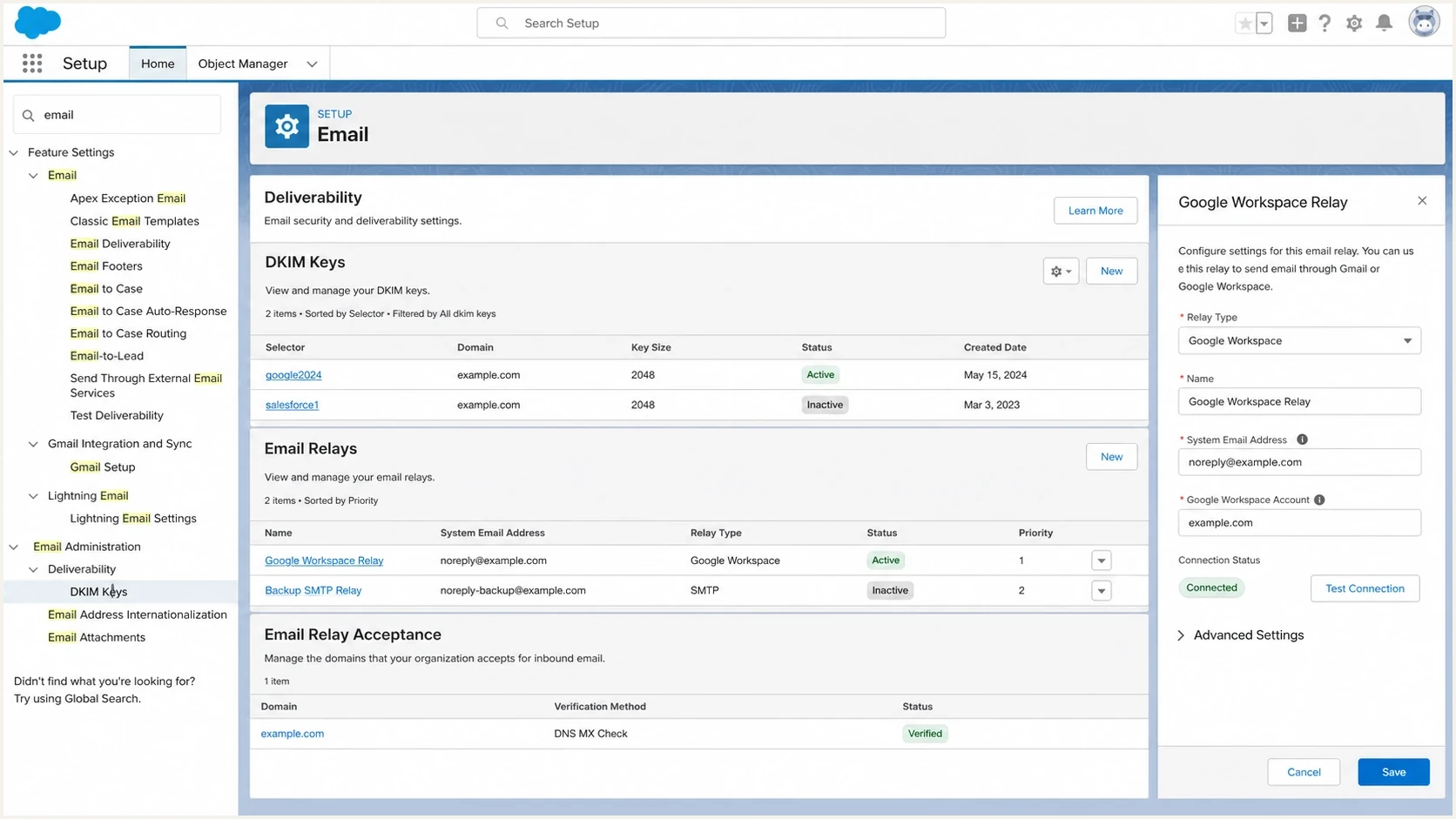 Salesforce Setup screen showing email relay and DKIM configuration.