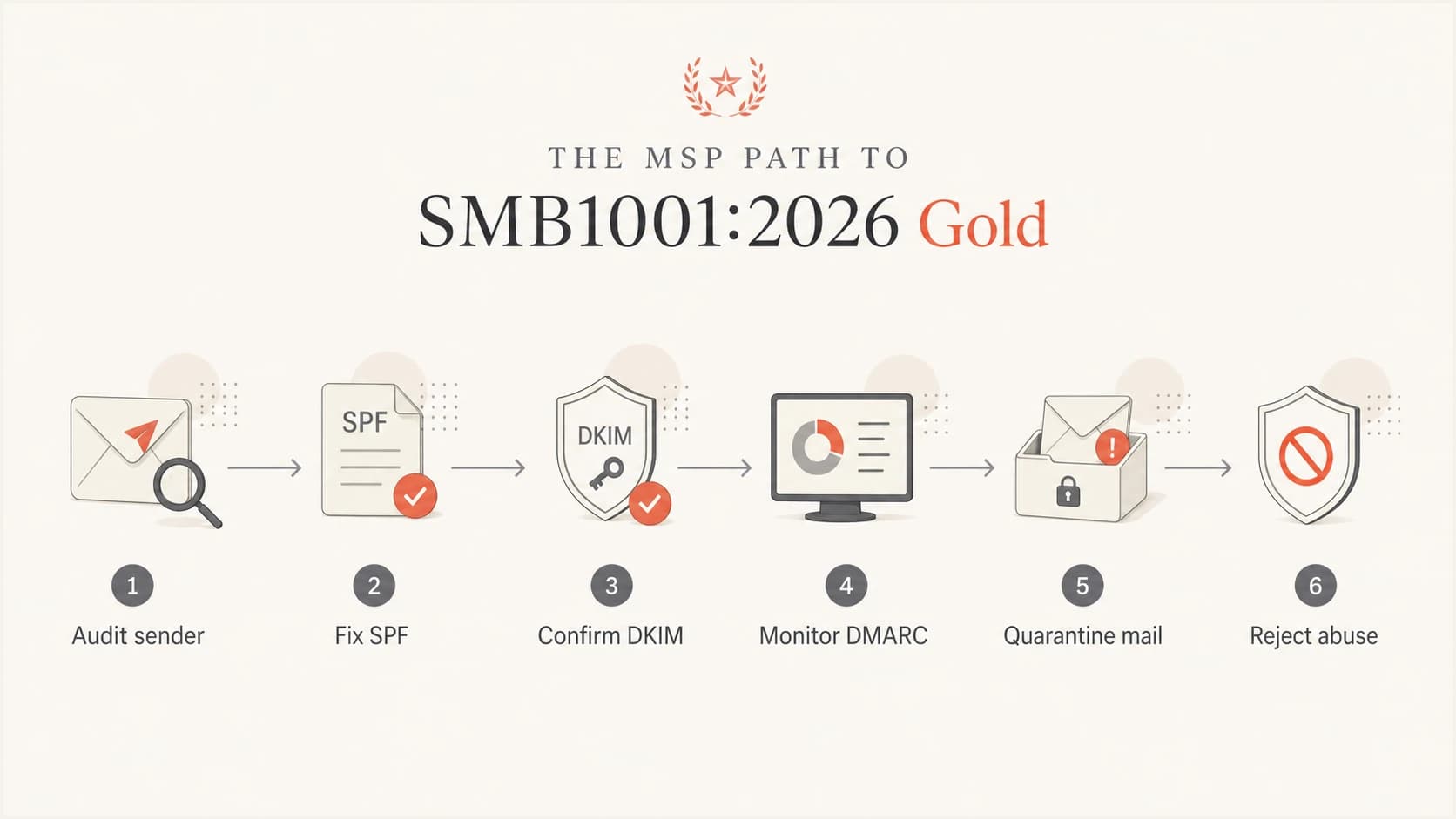 Flowchart showing the MSP path from sender audit to DMARC reject.