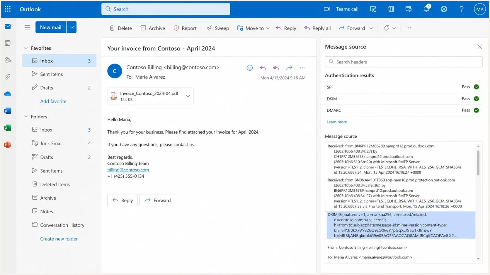 Microsoft Outlook on the web showing message headers and authentication results.