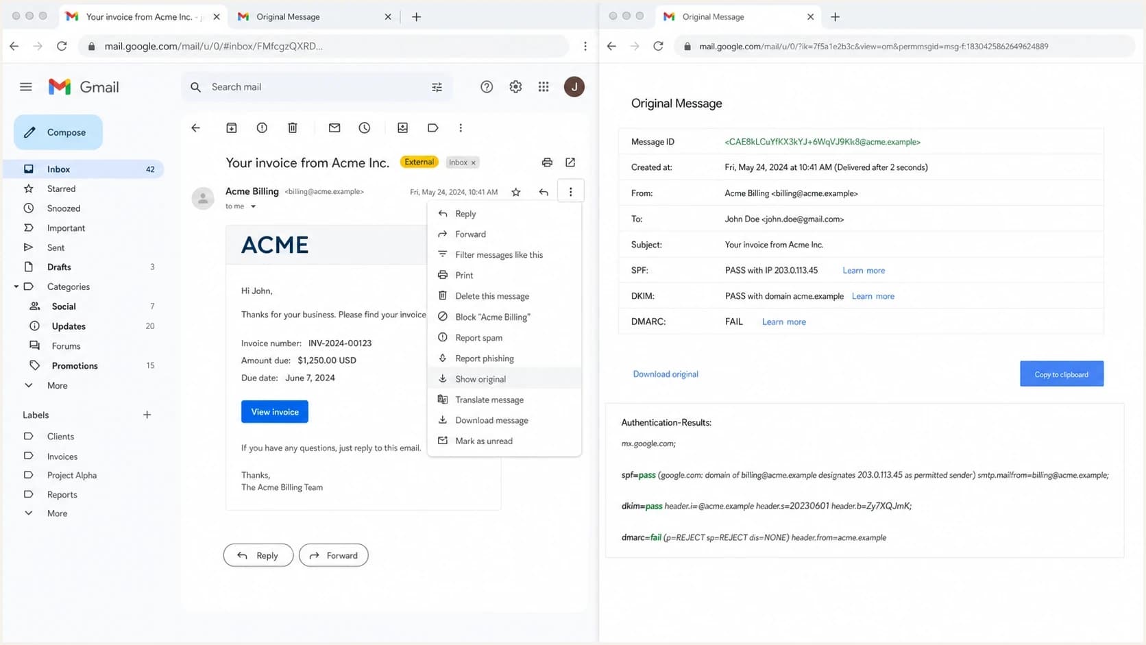 Gmail Show original view with SPF, DKIM, and DMARC authentication results.
