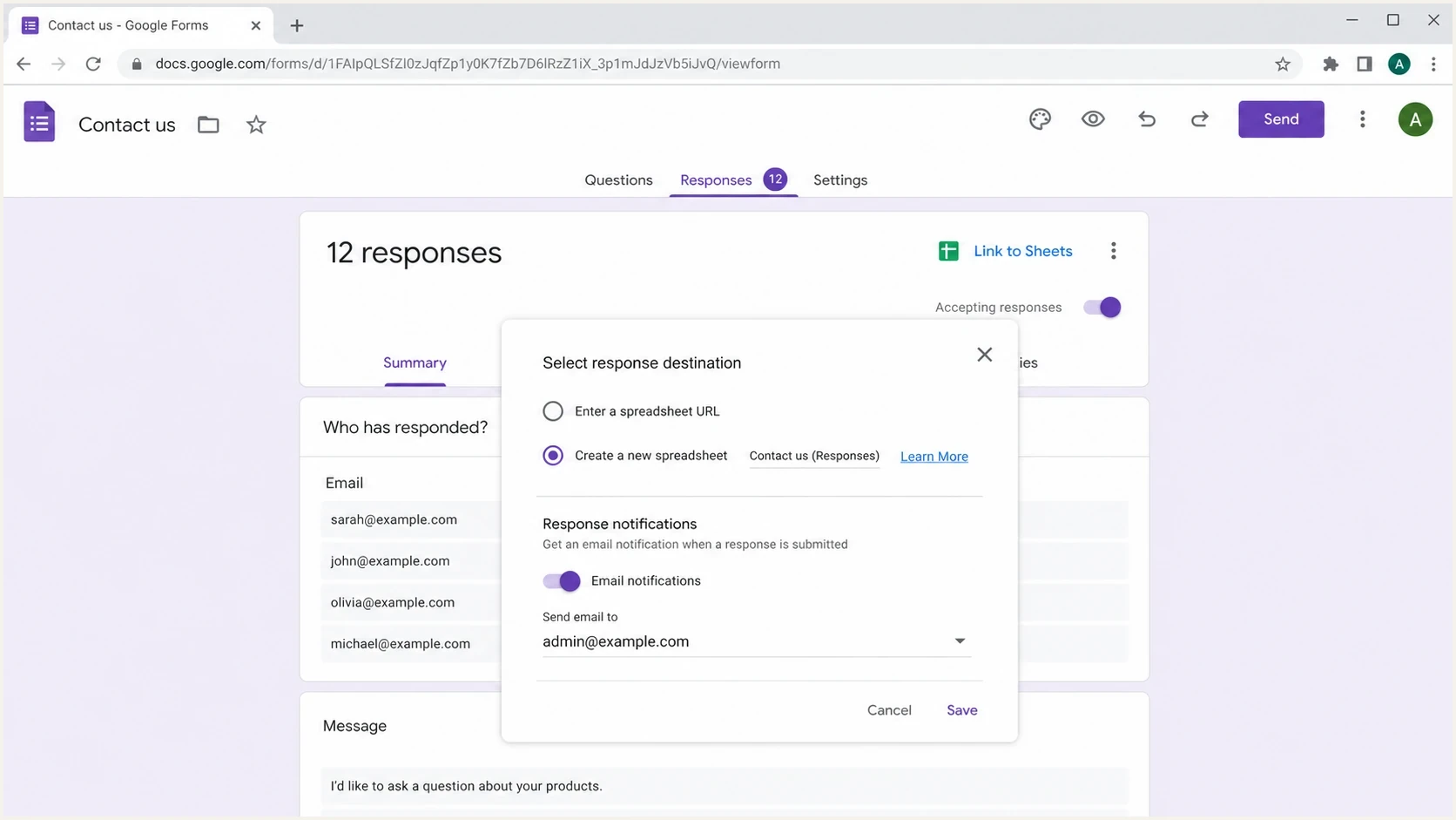 Google Forms response settings showing where email notifications are checked.