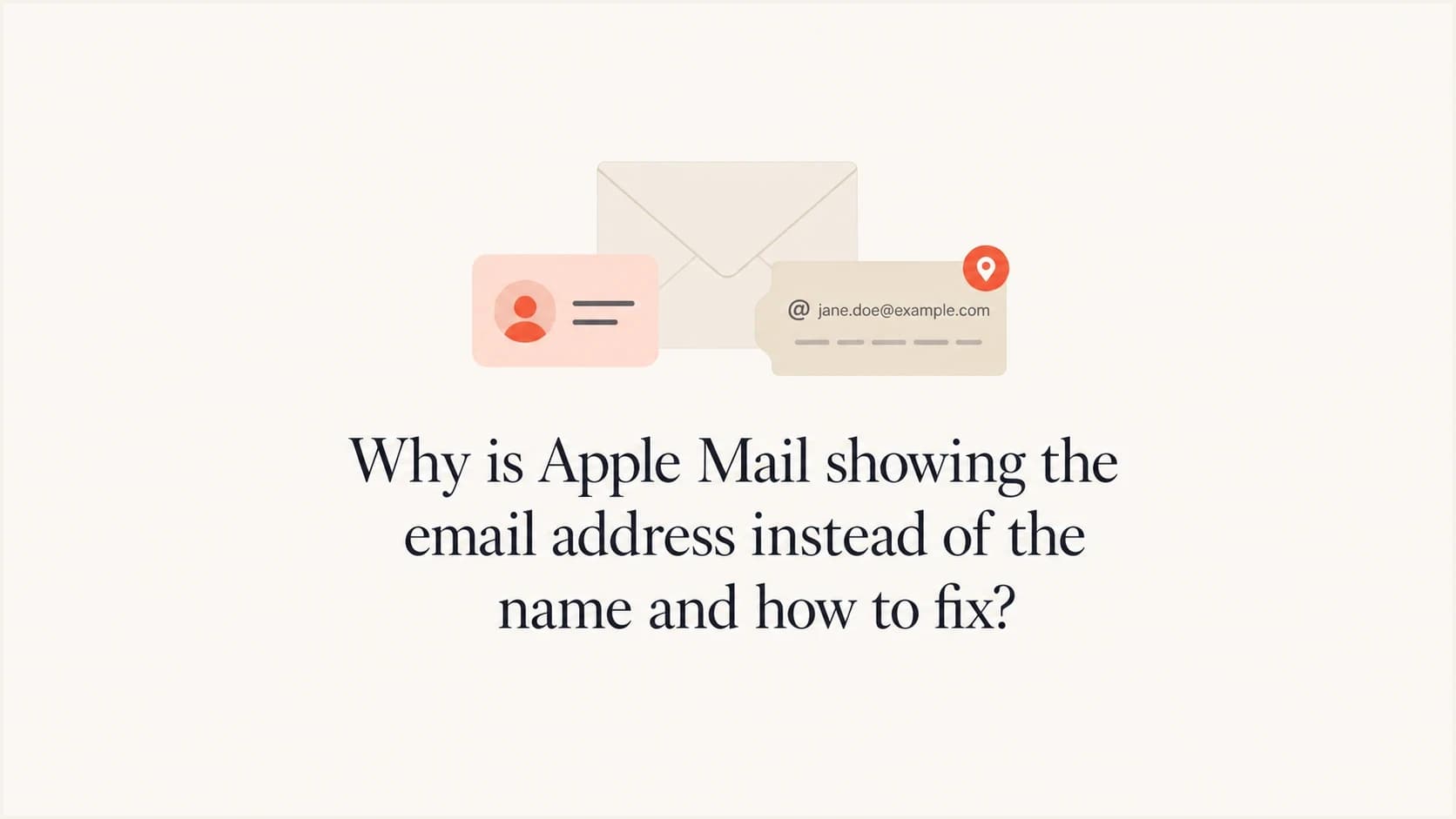 Apple Mail showing an email address instead of a sender name, illustrated with a contact card and address label.