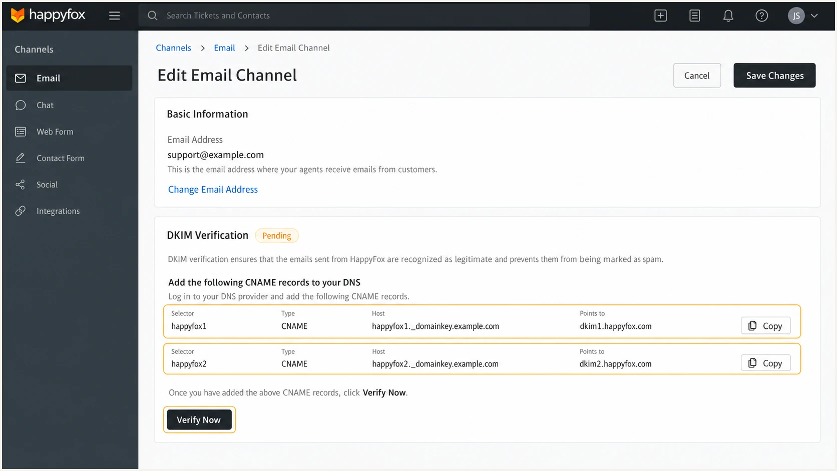 HappyFox DKIM selectors and verification button