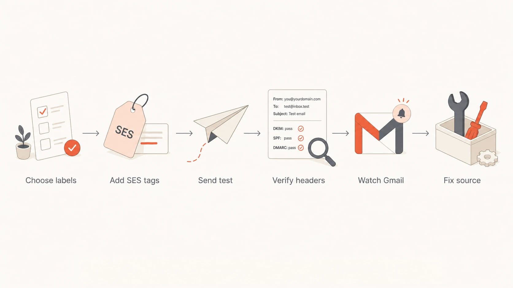 Flowchart for managing SES Feedback-ID values and Gmail reporting.