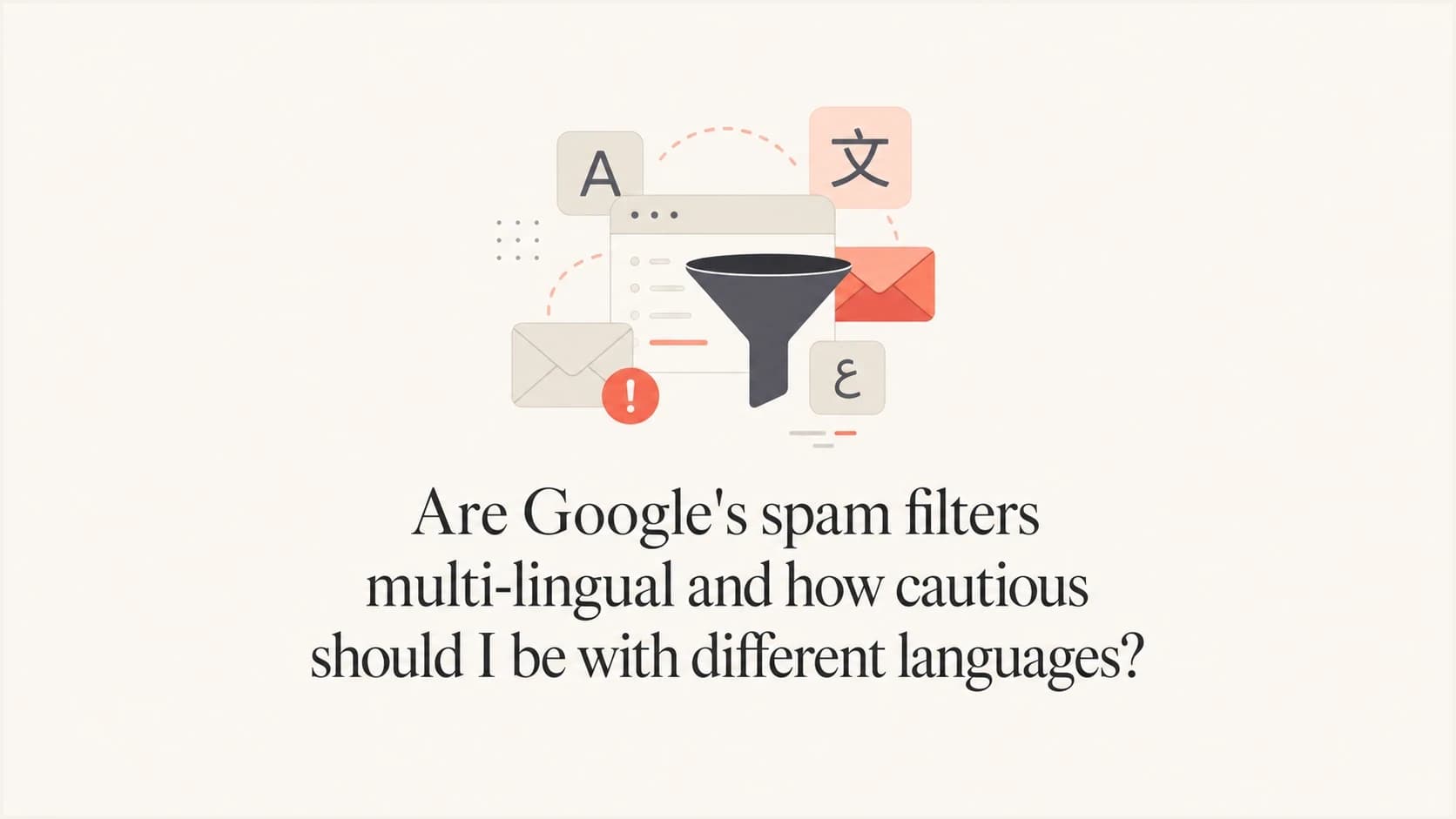 Gmail multilingual spam filtering shown with envelopes, language symbols, and a filter icon.