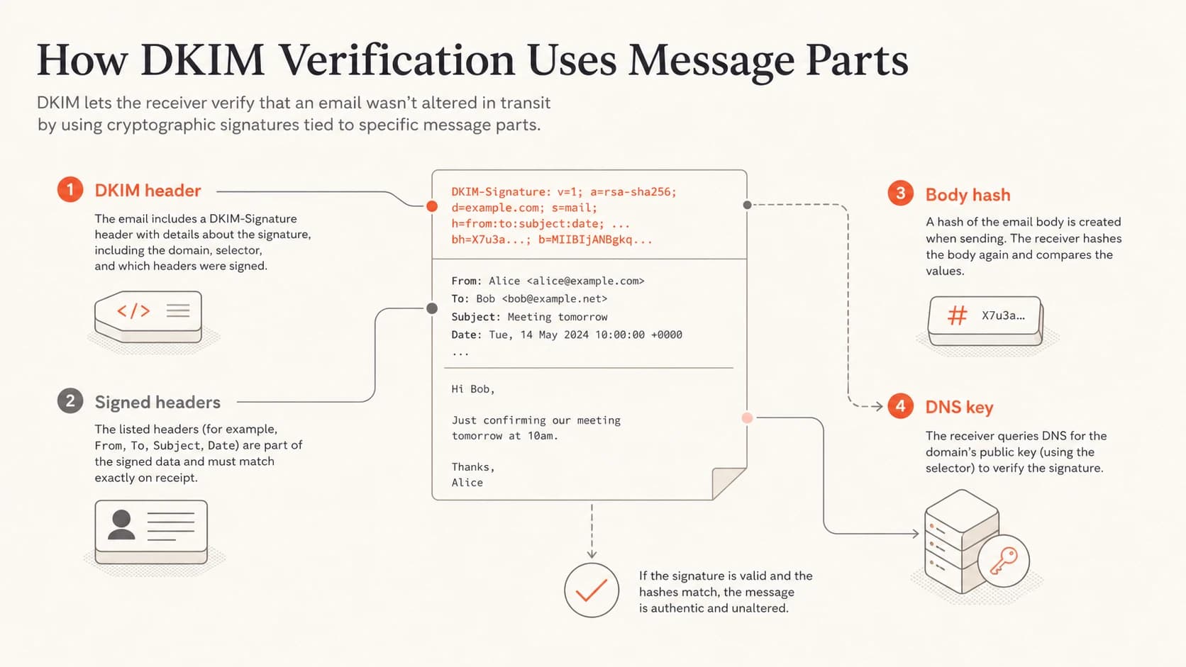 DKIM verification checks the signature header, signed headers, body hash, and DNS key.