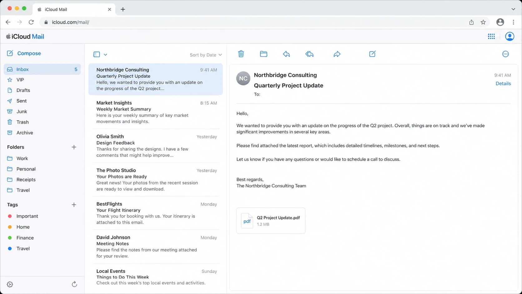 A realistic iCloud Mail web interface showing where accepted messages appear for recipients.