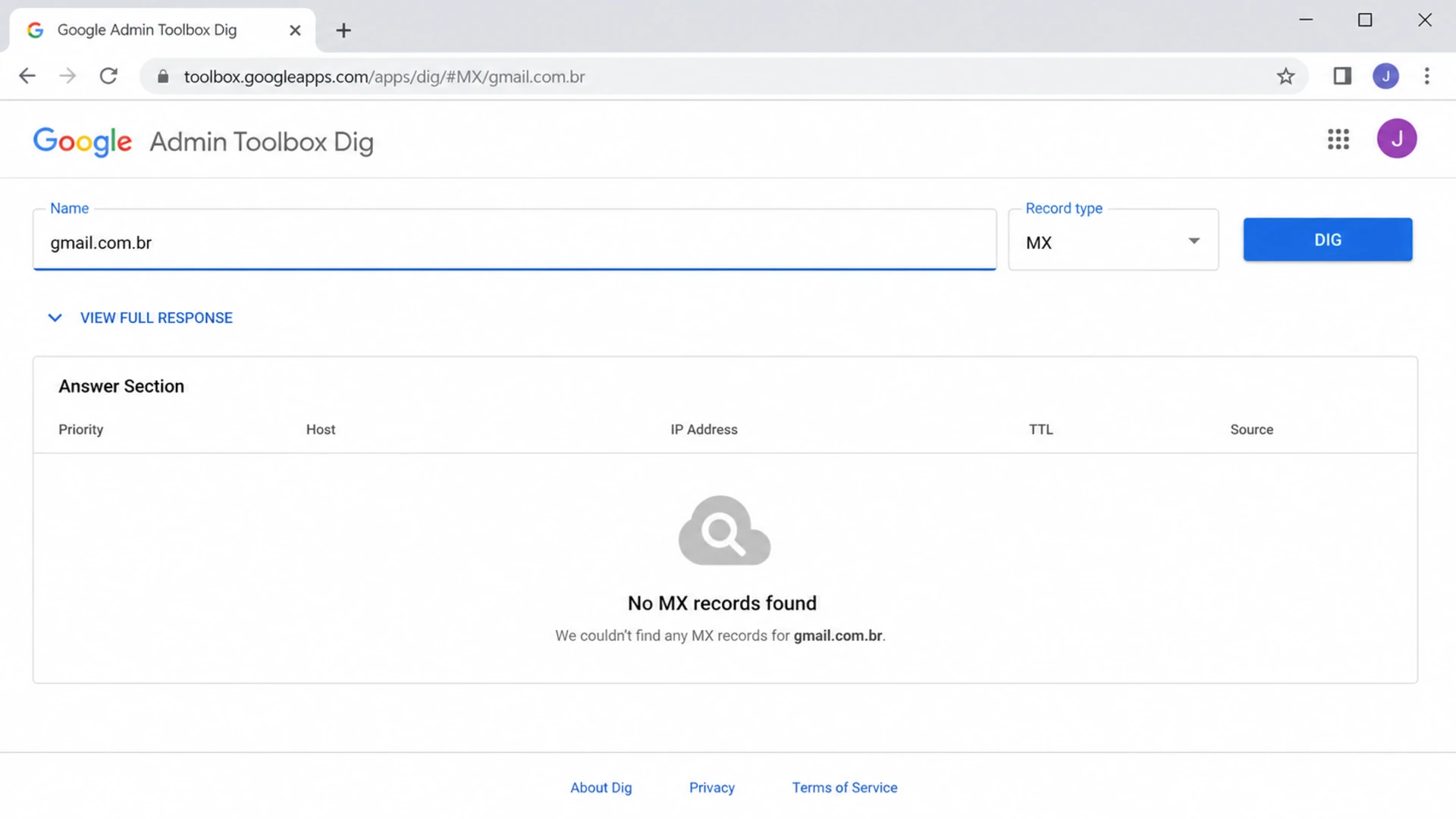Google Admin Toolbox Dig screenshot showing an MX lookup with no MX records for gmail.com.br.