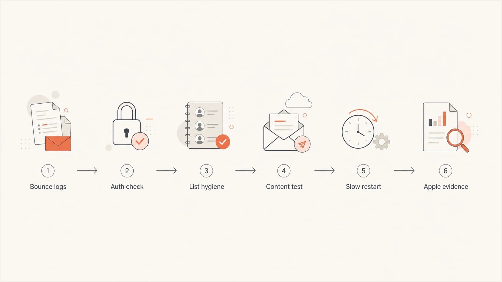 iCloud blocking troubleshooting flowchart covering bounce logs, authentication, list hygiene, content testing, restart, and Apple evidence.