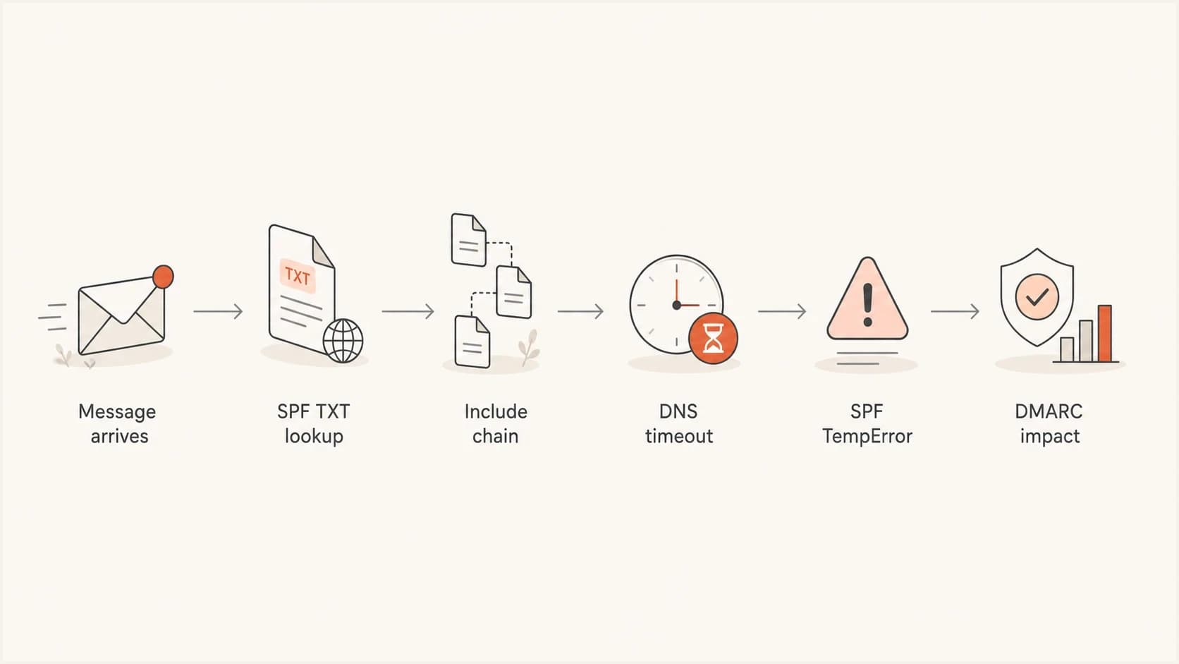 Flowchart showing SPF lookup timeout leading to Microsoft TempError and DMARC impact.