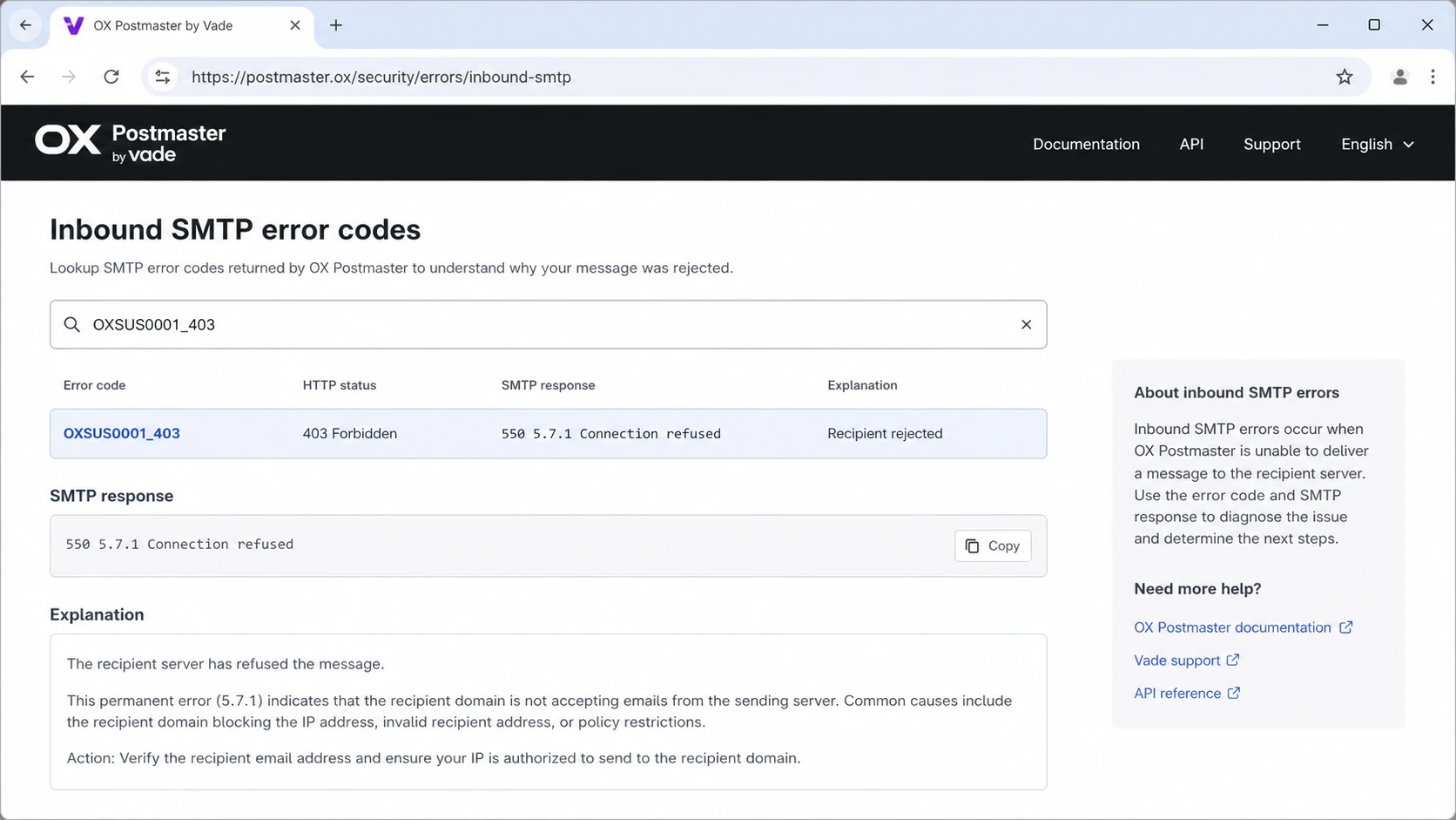 Screenshot-style view of OX Postmaster by Vade showing the OXSUS0001_403 code.