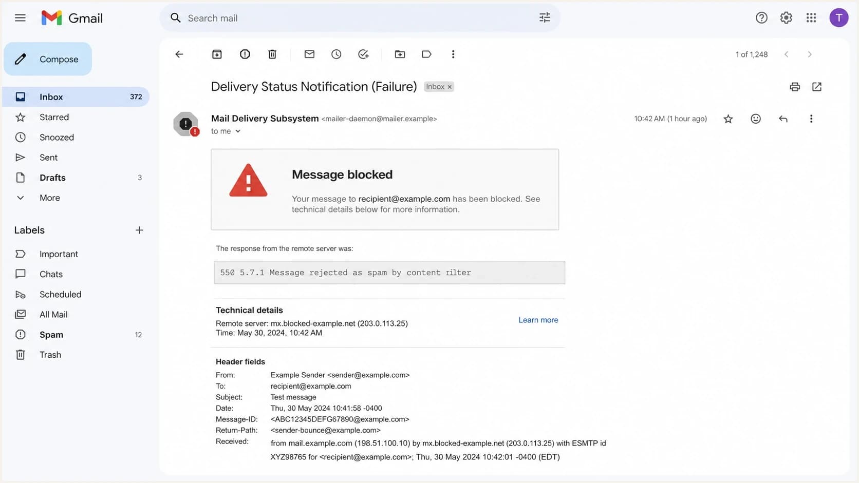 A Gmail delivery failure screen showing a header-related block message.