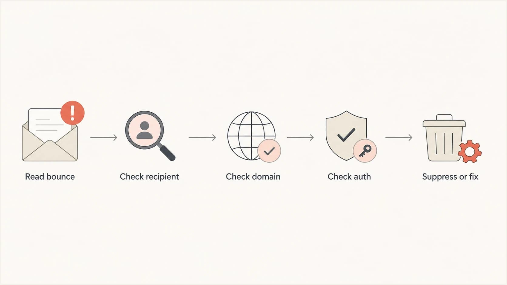 Flowchart for deciding whether a noreply bounce is recipient, domain, or authentication related.