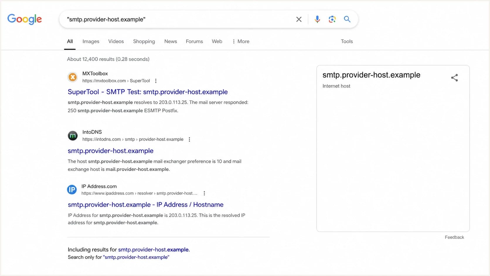 A Google Search screenshot showing an exact quoted MX hostname match in results.
