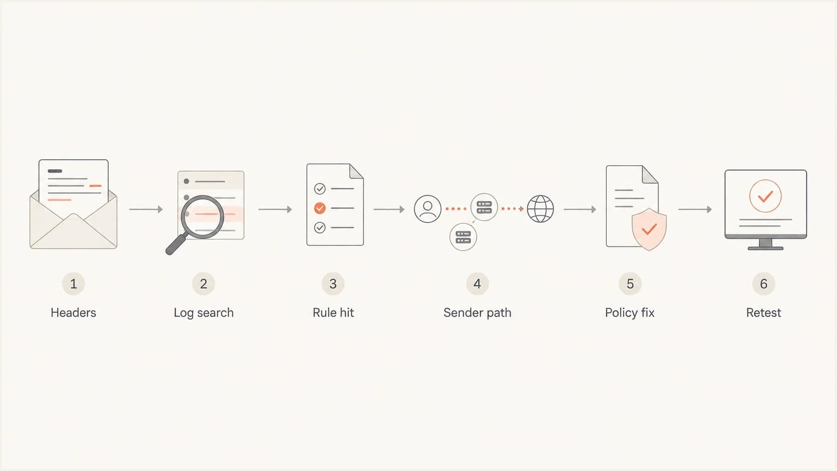 A flowchart for checking headers, Proofpoint logs, sender path, policy fixes, and retesting.