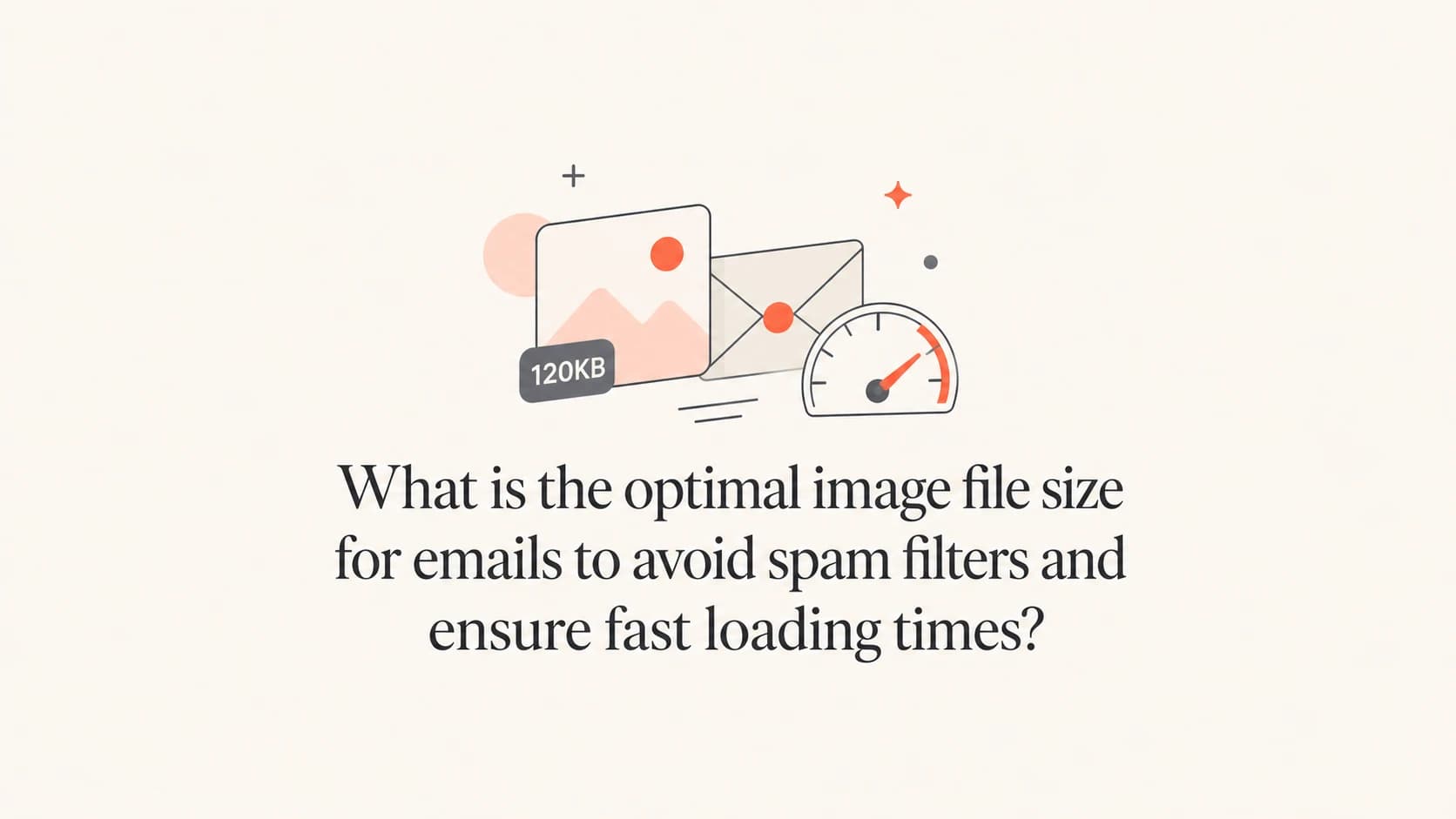 Email image file size guidance with an envelope, image tile, and speed gauge.