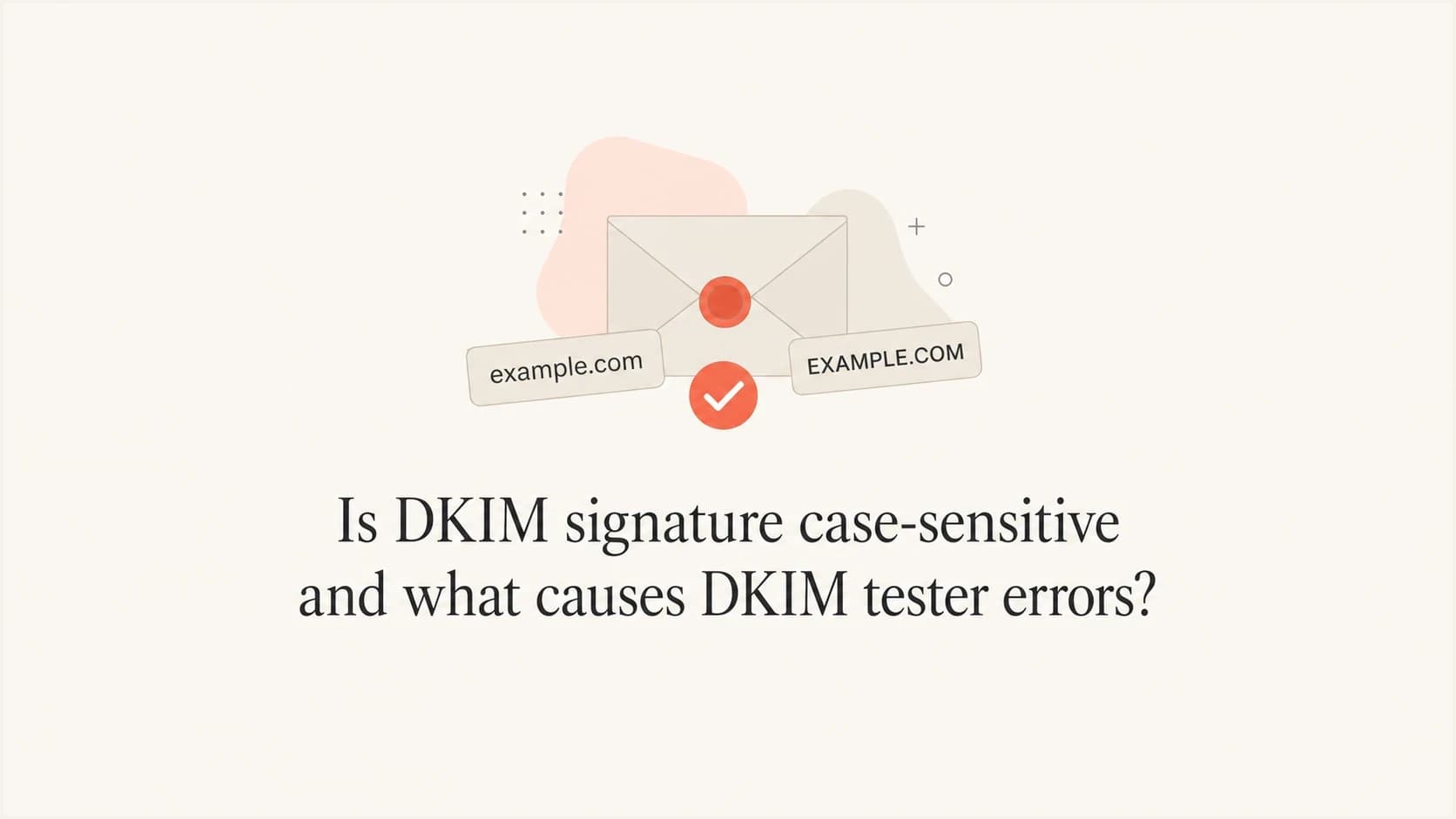 A DKIM email signature case-sensitivity thumbnail with domain labels and a verification check.