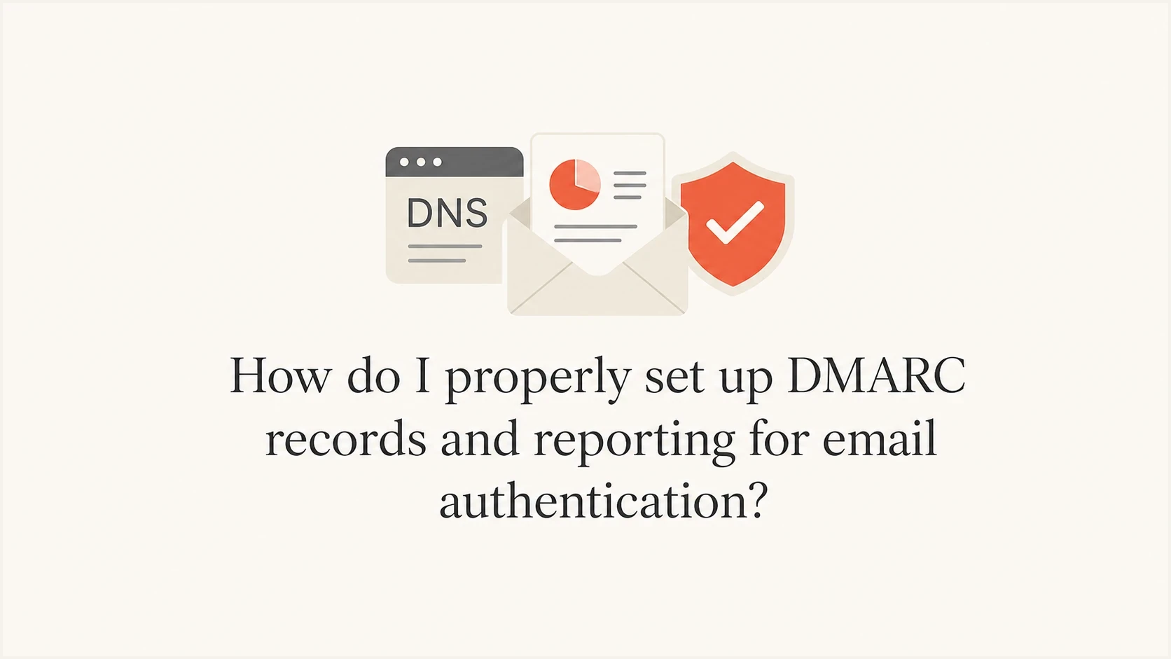 DMARC setup thumbnail with a DNS label, report envelope, and authentication mark.