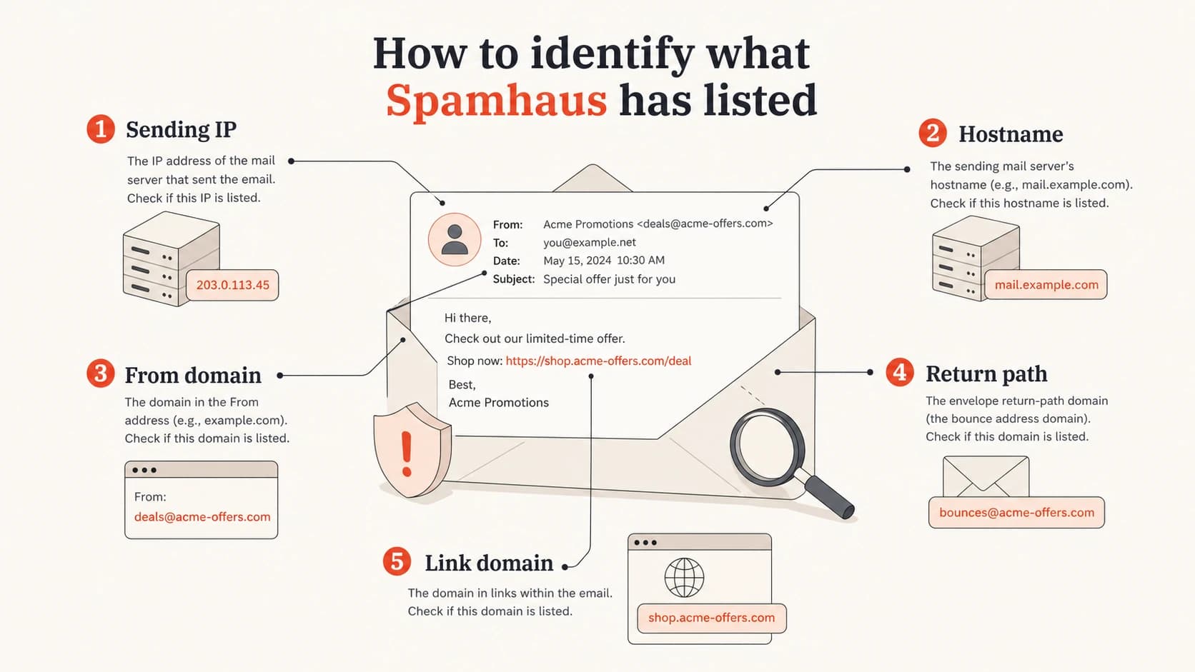 Infographic showing the IP, hostname, From domain, return path, and link domain to check.