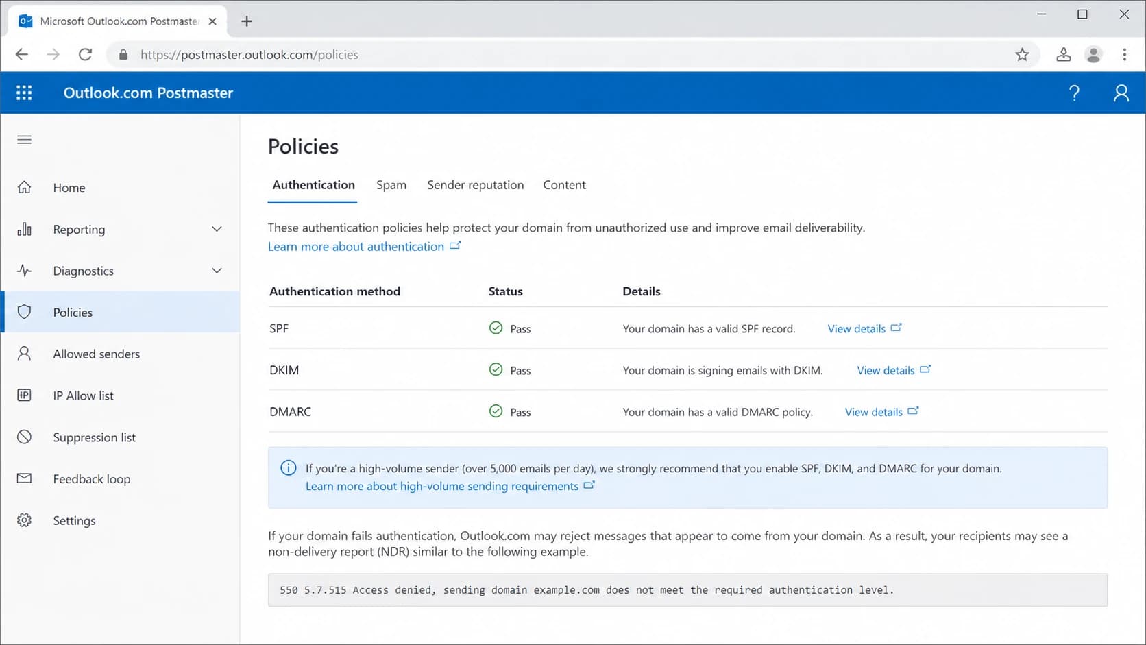 Microsoft Outlook.com Postmaster policies page showing authentication requirements.