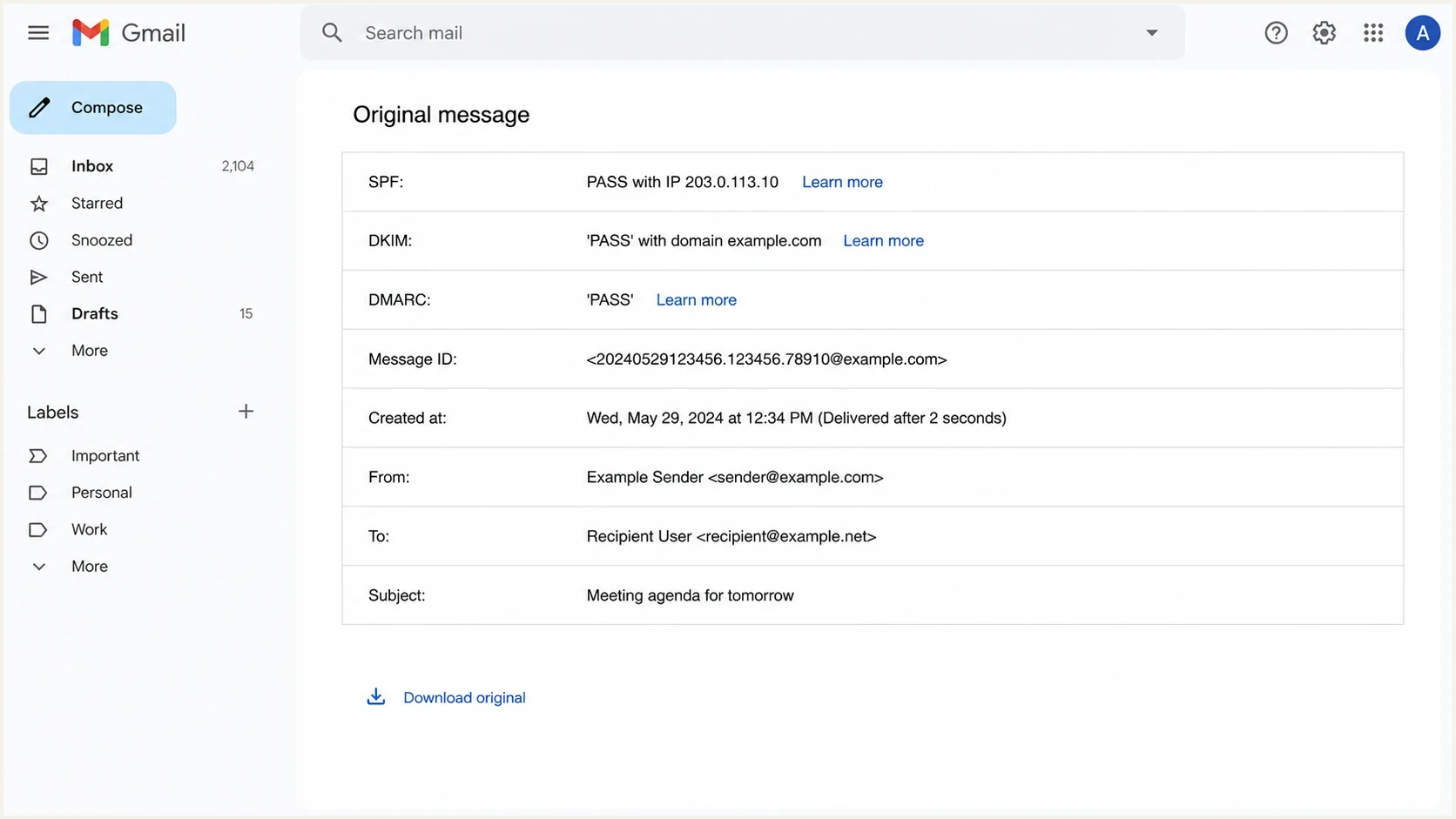 Gmail Show original view with authentication results and raw message details.