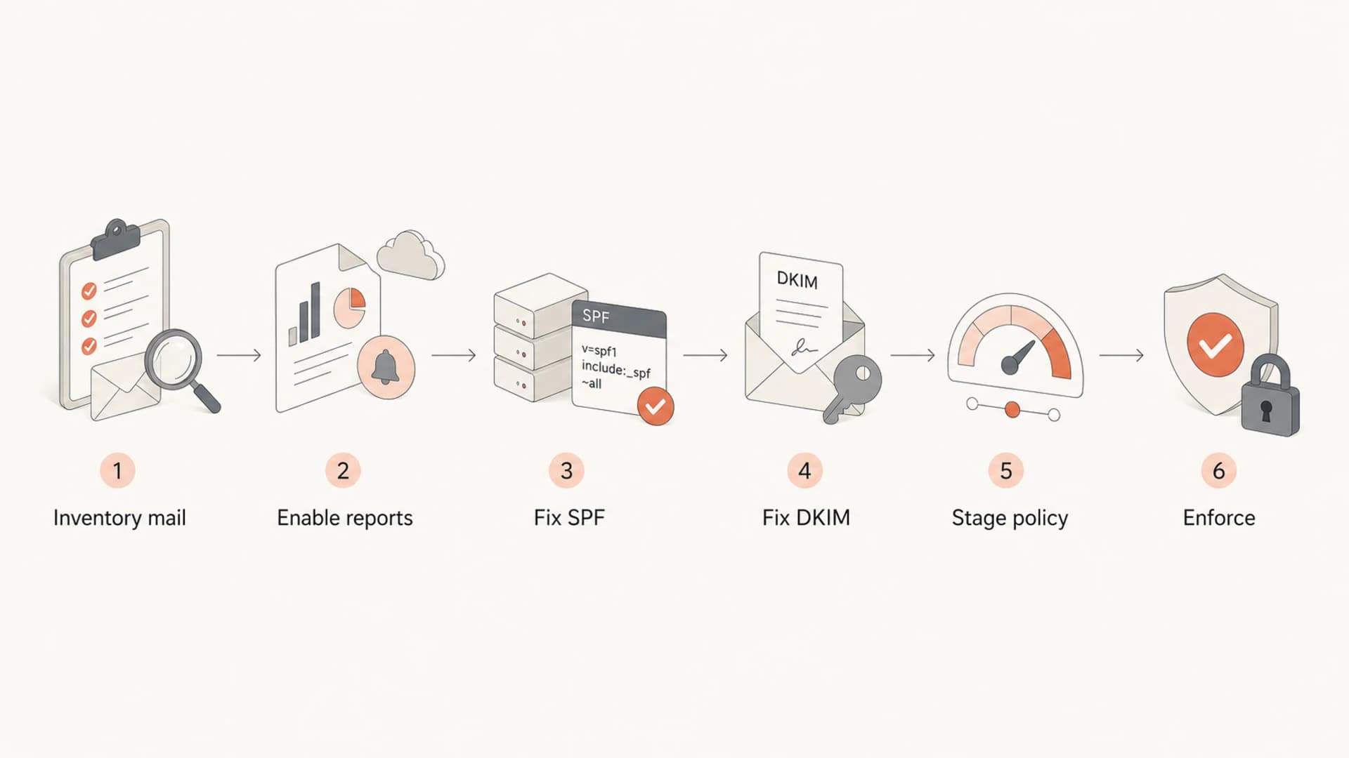 Flowchart showing DMARC moving through inventory, reports, fixes, staged policy, and enforcement.