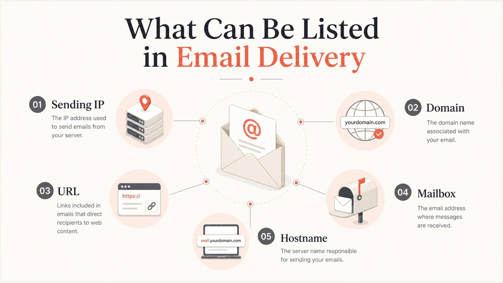 Infographic showing that an IP, domain, URL, mailbox, or hostname can be listed.