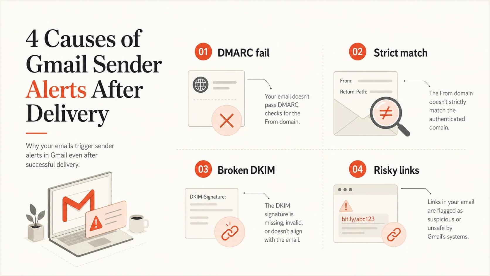Infographic listing DMARC fail, strict match, broken DKIM, and risky links as Gmail alert causes.