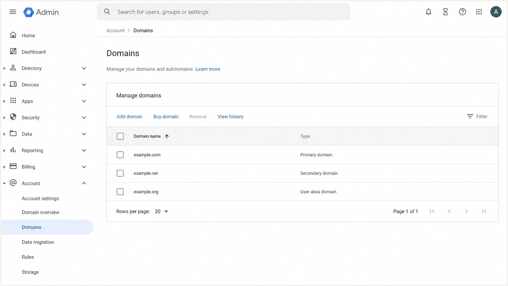 Google Admin console domain list showing primary, secondary, and alias domain types.