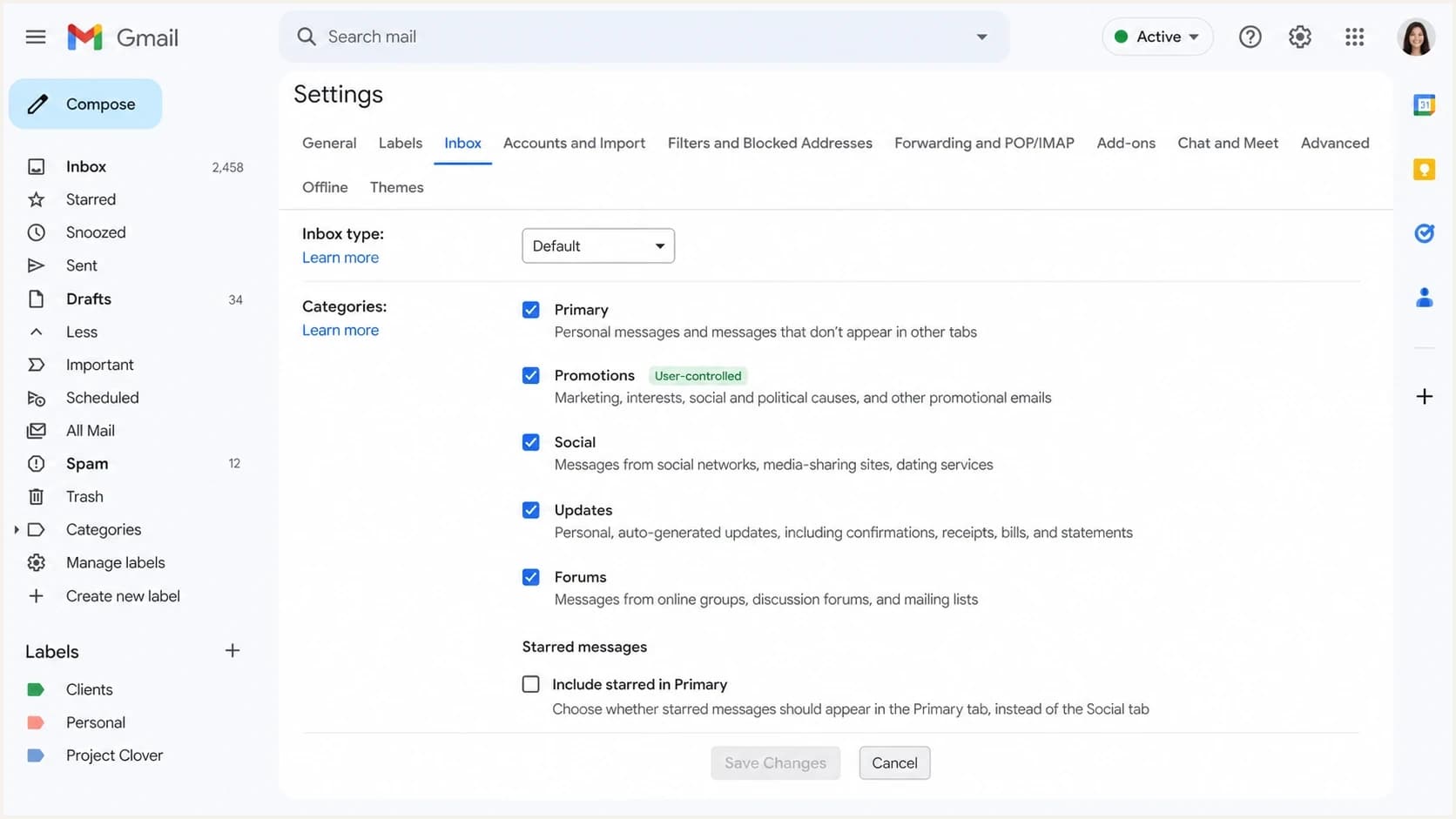 Gmail inbox category settings showing that Promotions is controlled by the recipient.