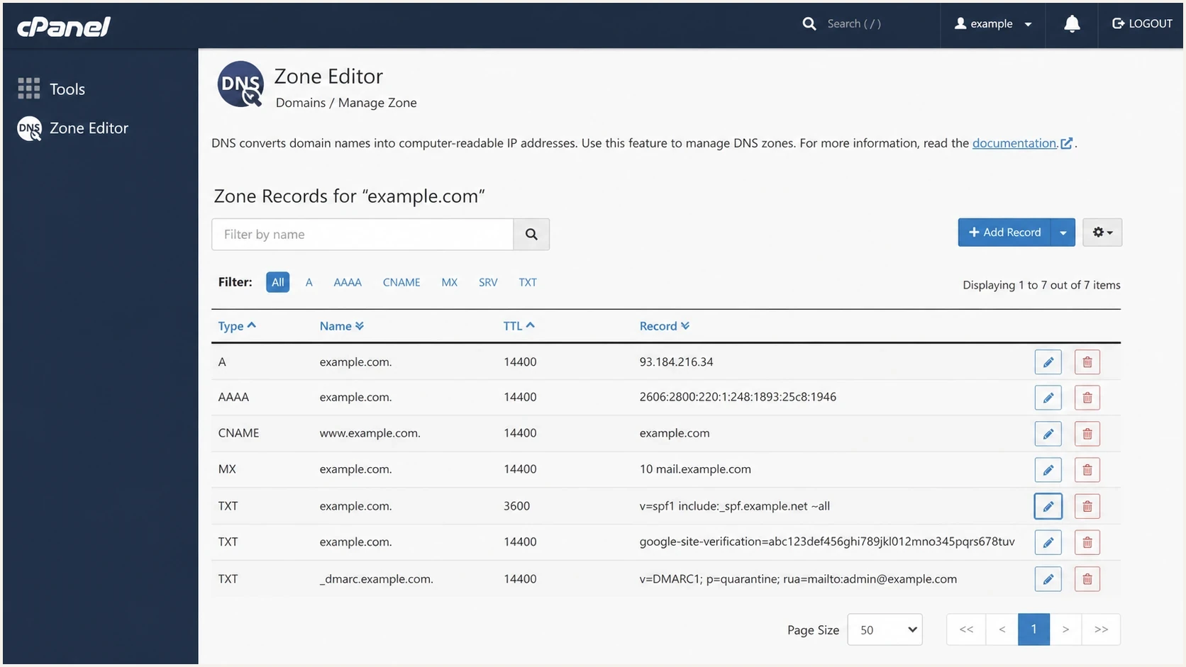 cPanel Zone Editor showing an SPF TXT record ending in ~all softfail.