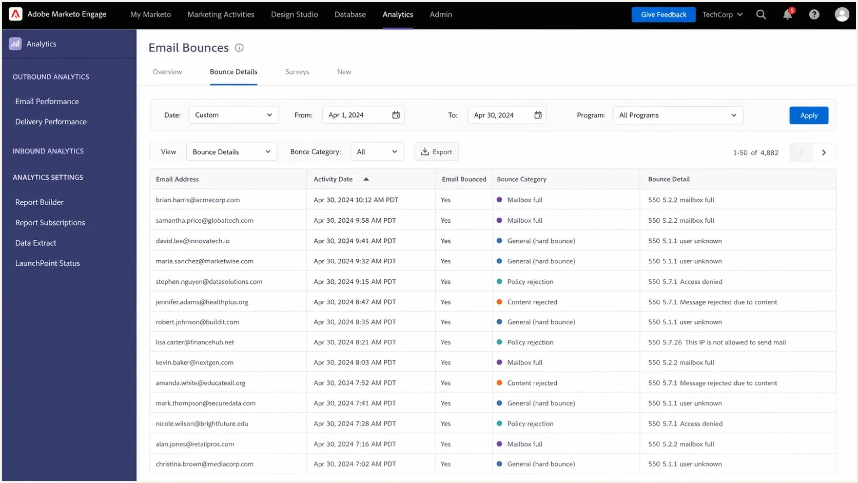 Adobe Marketo Engage screen showing bounce details and email activity rows.