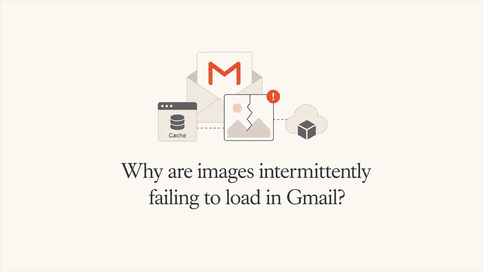 Gmail image loading failure shown as an email, cache node, and broken image icon.