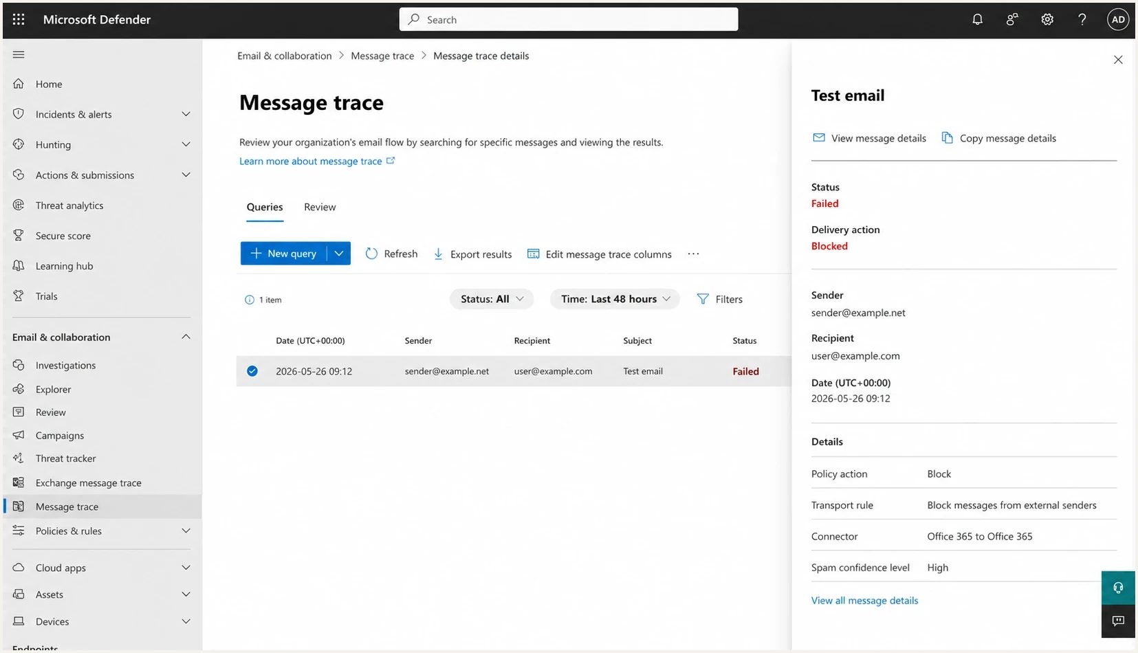 Microsoft Defender portal message trace detail screen showing a blocked email.