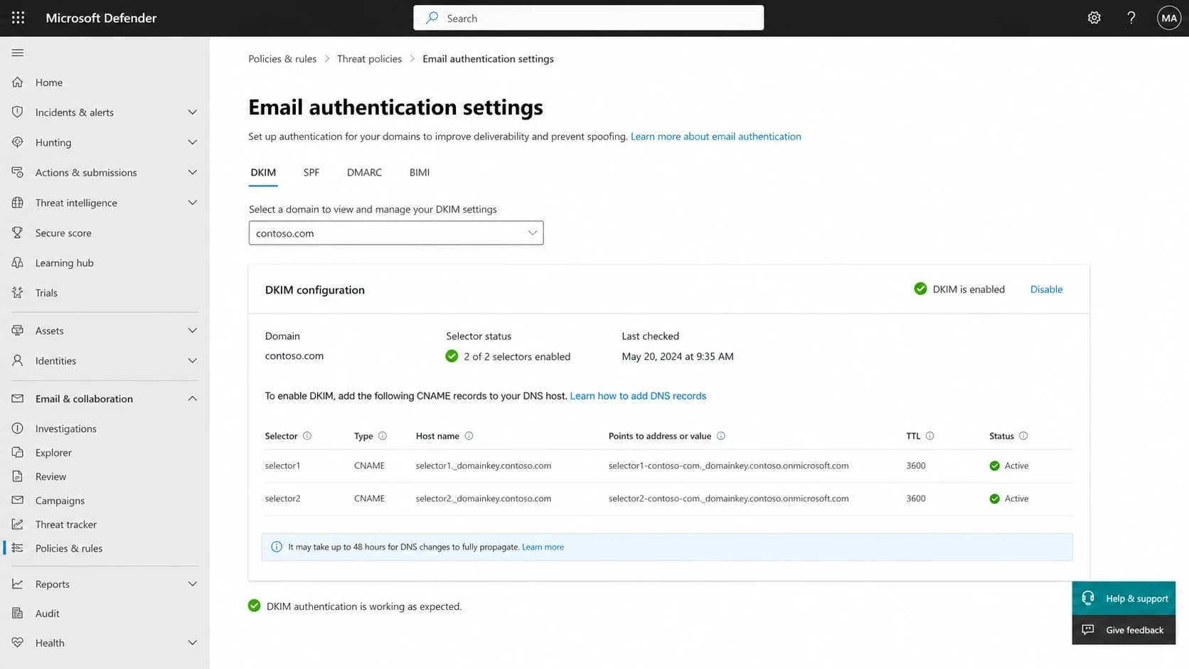 Microsoft Defender portal DKIM configuration screen