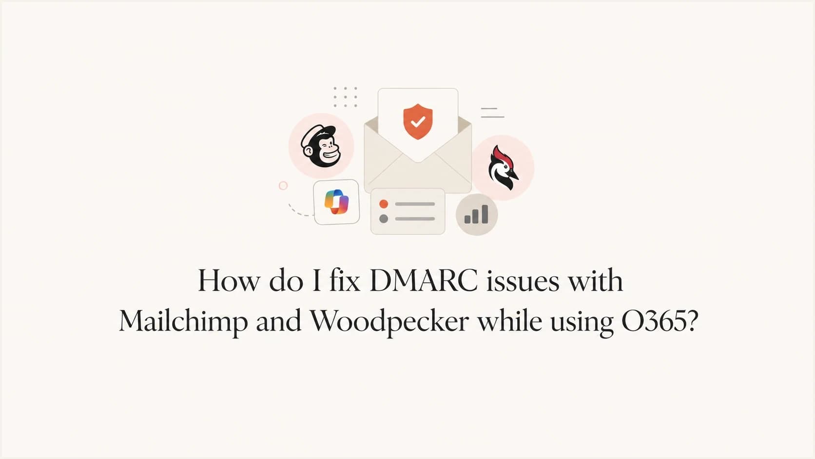 Mailchimp, Woodpecker, and O365 email authentication records arranged around a DMARC check.
