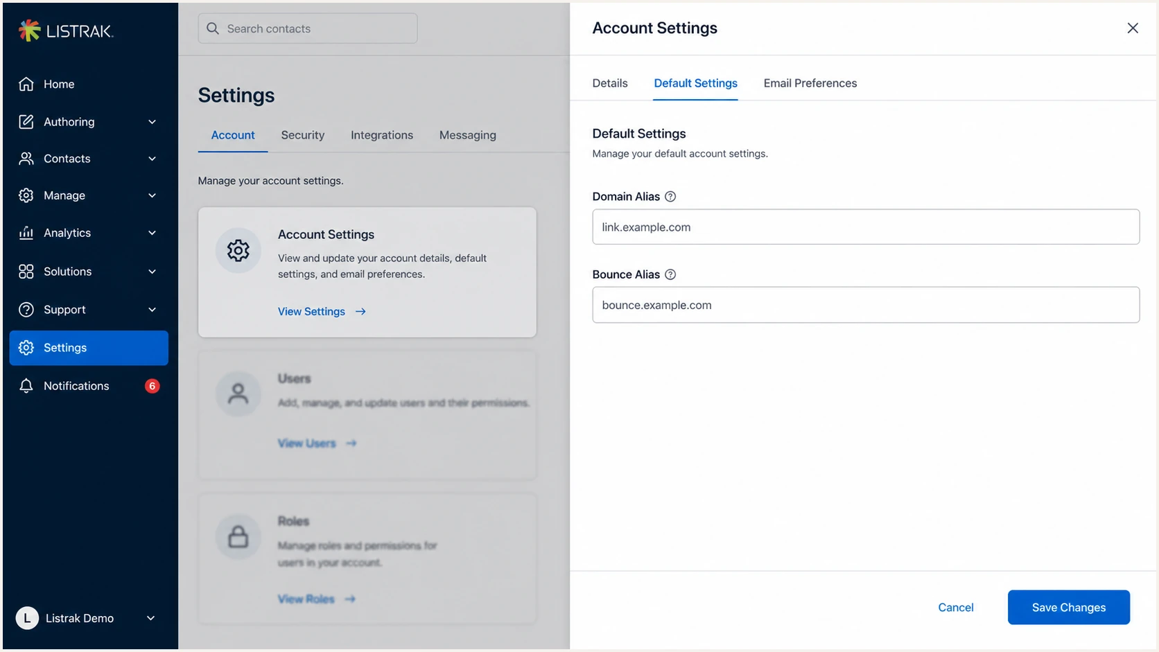 Listrak Account Settings with domain and bounce aliases
