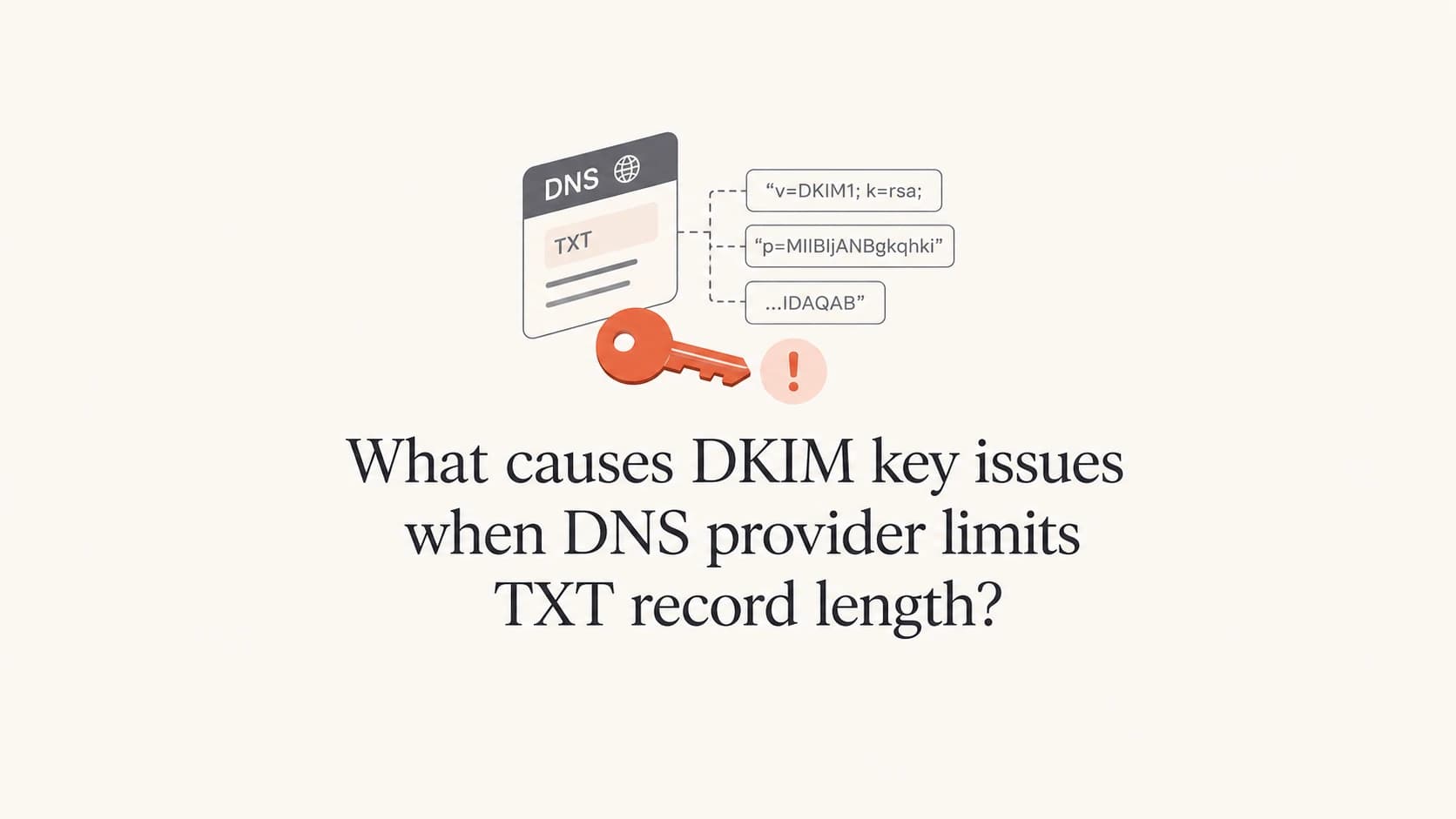 A DKIM key shown as quoted DNS TXT fragments inside a clean editorial thumbnail.