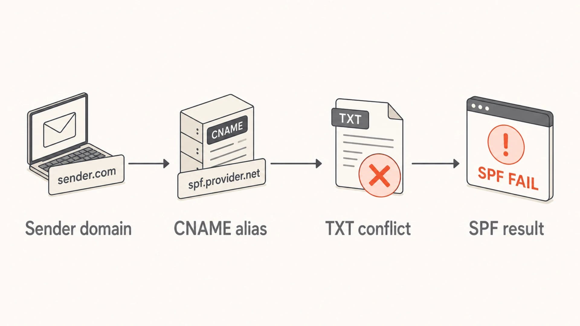 Infographic showing a sender domain, CNAME alias, TXT conflict, and failed SPF result.