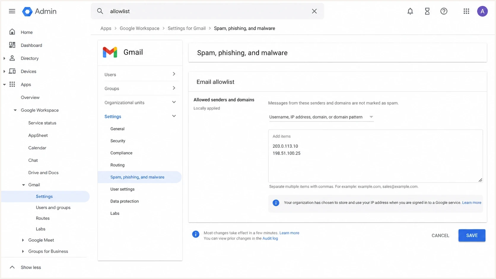 Google Admin console screen showing Gmail allowlist controls.