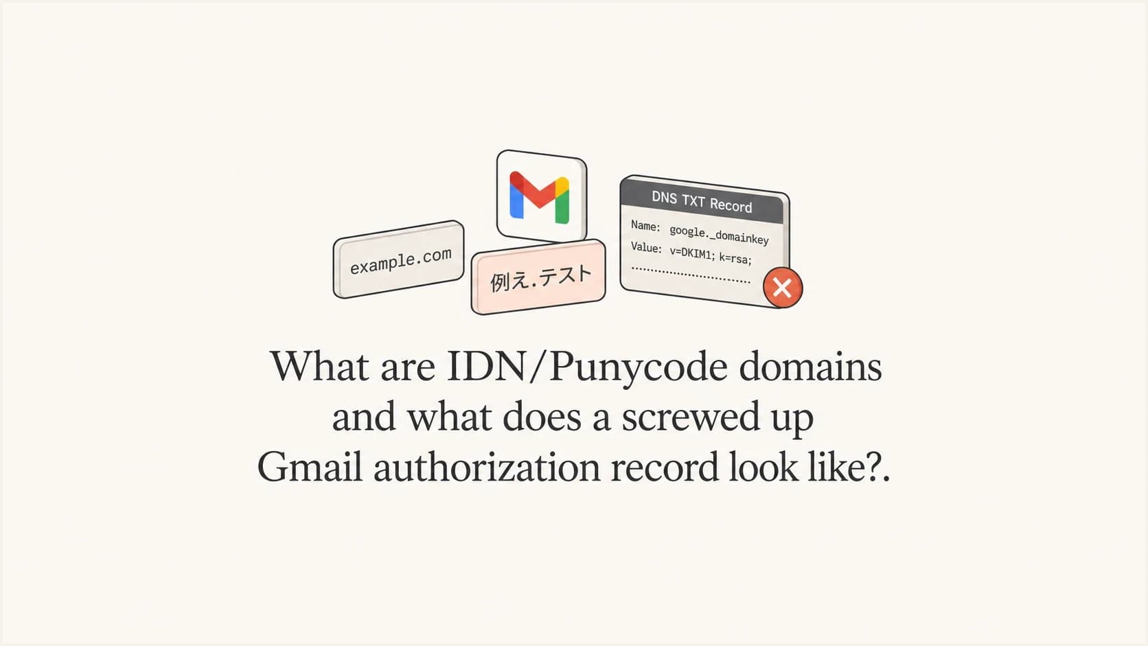 IDN and Gmail DNS records shown as simple domain and mail routing tiles.