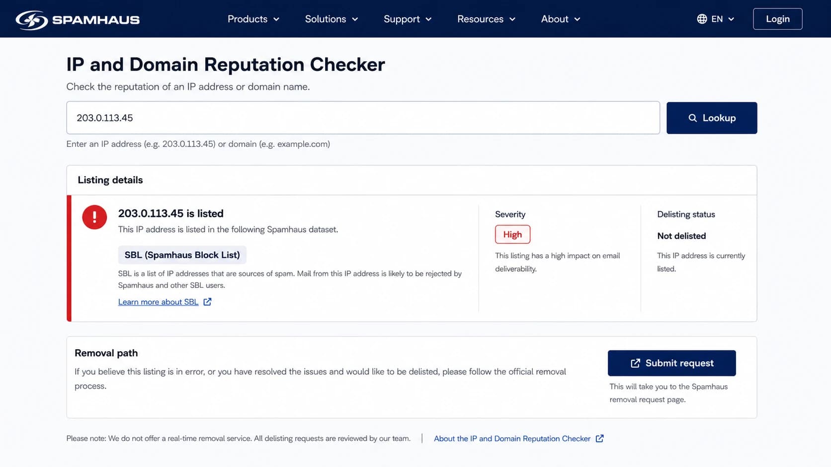 Spamhaus Reputation Checker screen showing listing details and a removal path.
