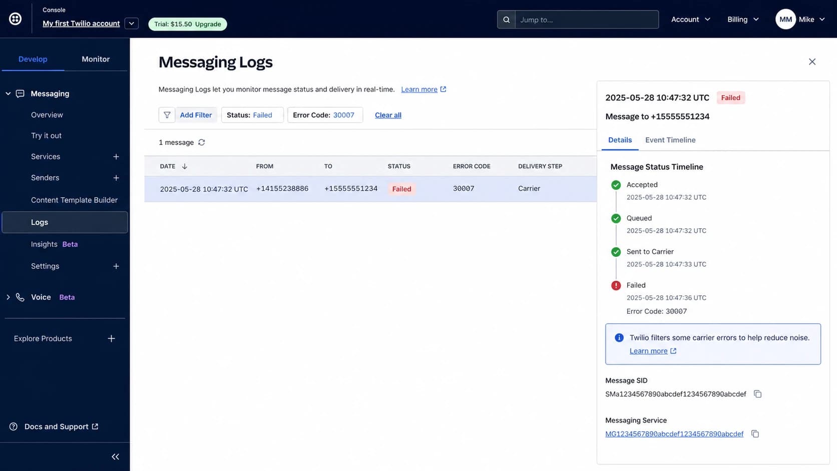 Twilio Console message log showing error 30007 on a filtered SMS.