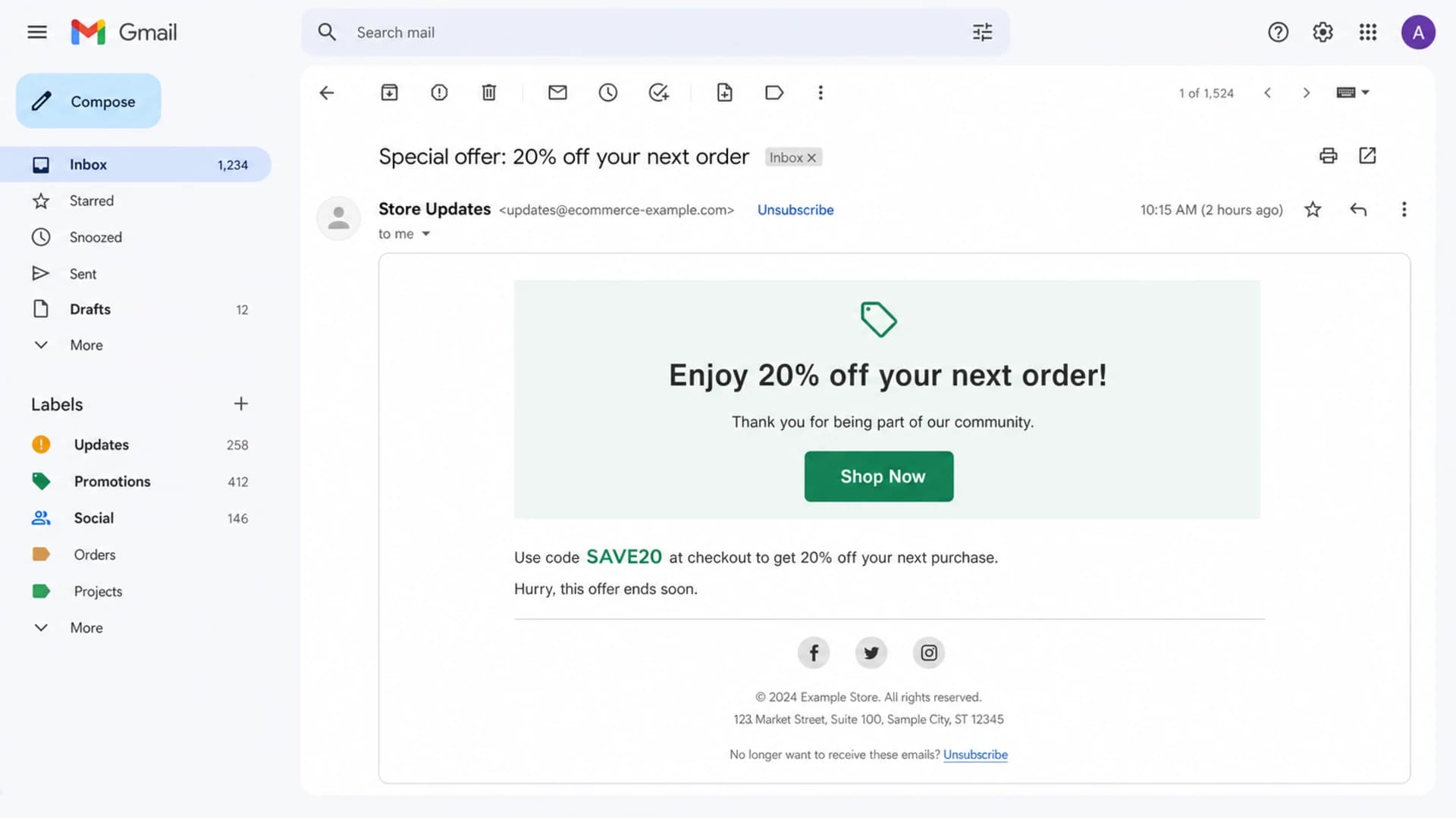 Gmail message view with the unsubscribe control near the sender line.