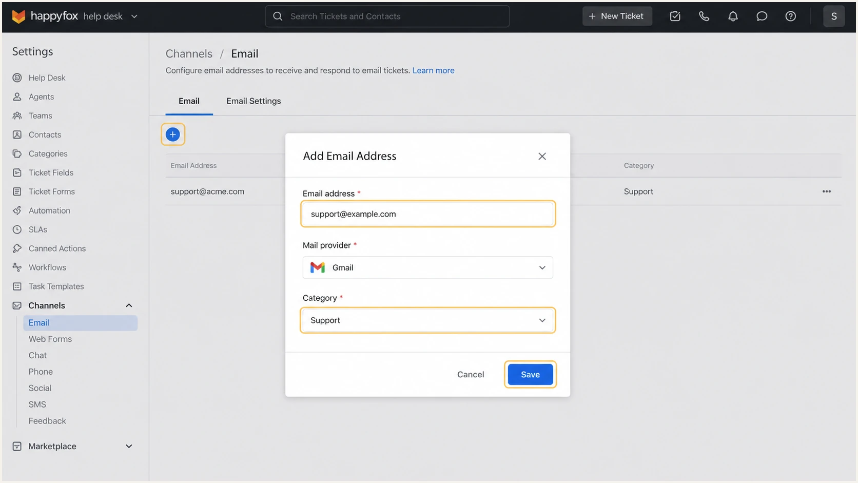 Adding a custom email channel in HappyFox