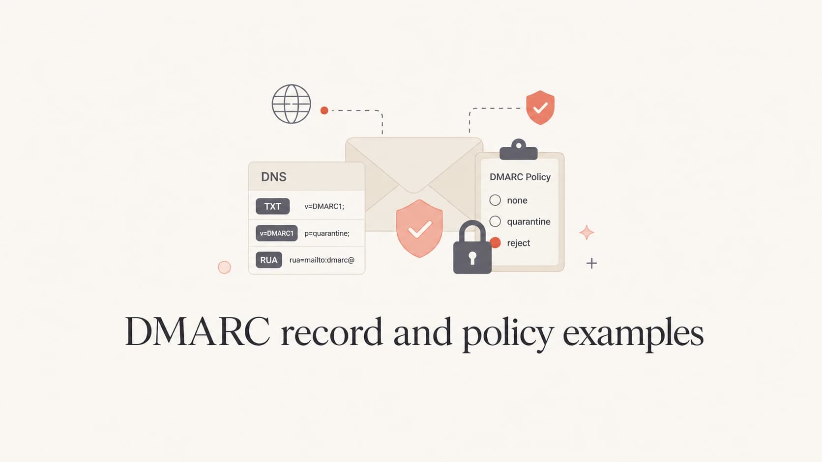 DMARC record and policy examples shown as a calm technical article thumbnail.