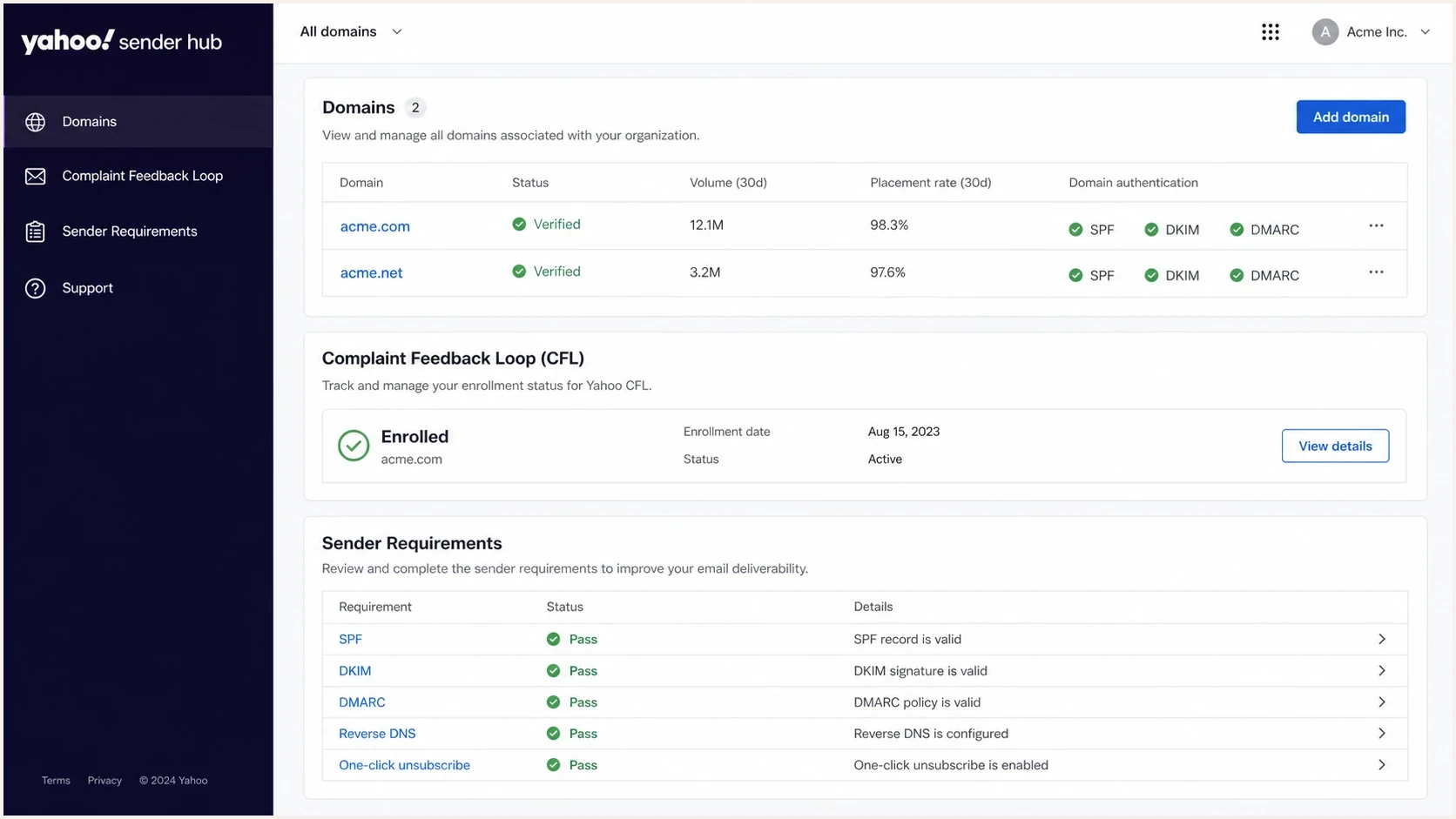 Yahoo Sender Hub dashboard showing domain and complaint feedback loop settings.