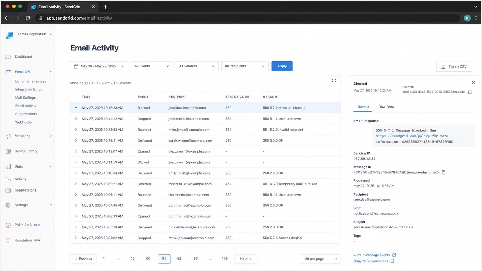 Twilio SendGrid activity screen showing a blocked email event.